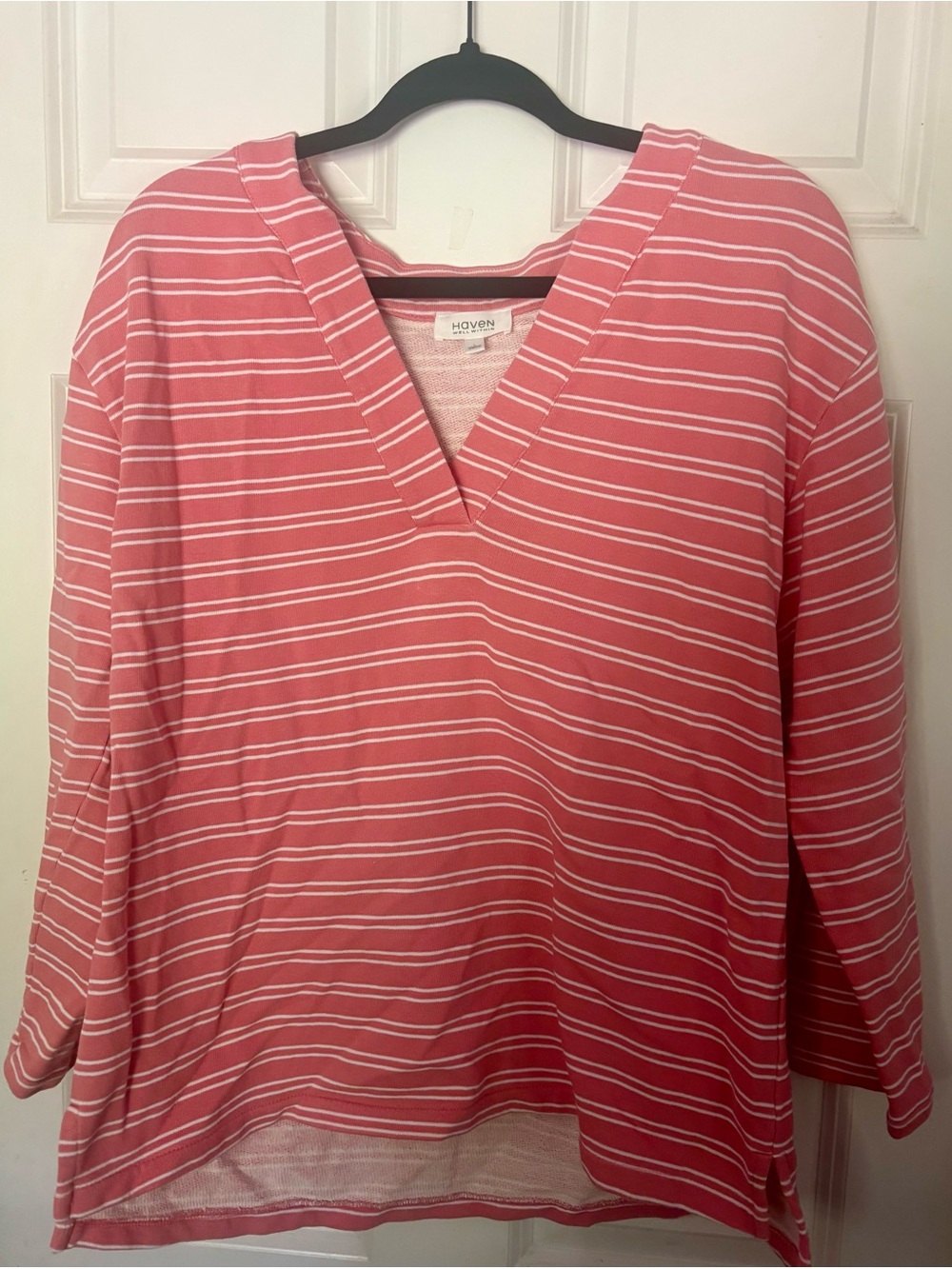 Haven Well Within Organic Cotton Striped V-Neck Pull Over Top Large EUC